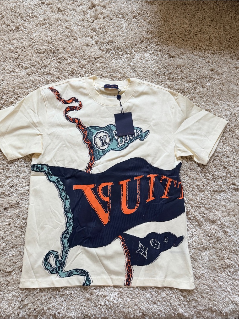 Louis Vuitton Cream Short-Sleeve Tee with Navy and Orange Graphic